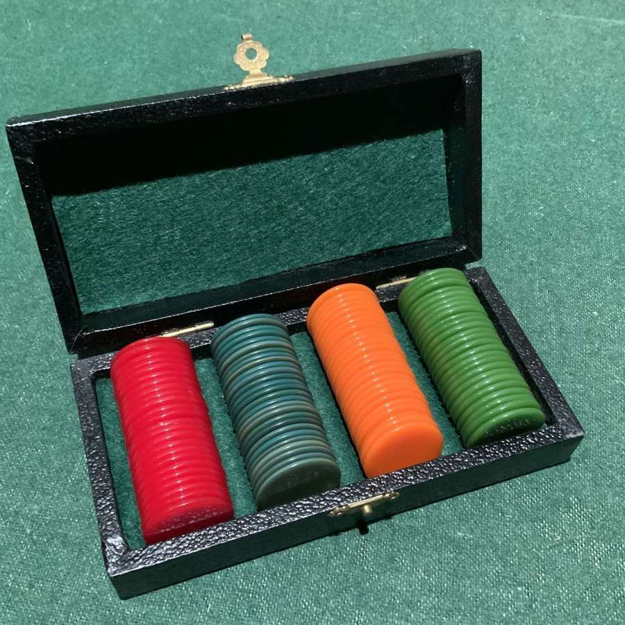 Vintage Boxed Set of Coloured Poker Chips or Gaming Counters