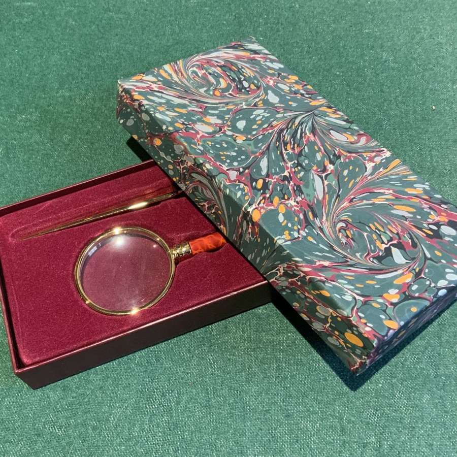 Lacquer Handle Magnifying Glass & Paperknife Desk Set Marbled Card Box