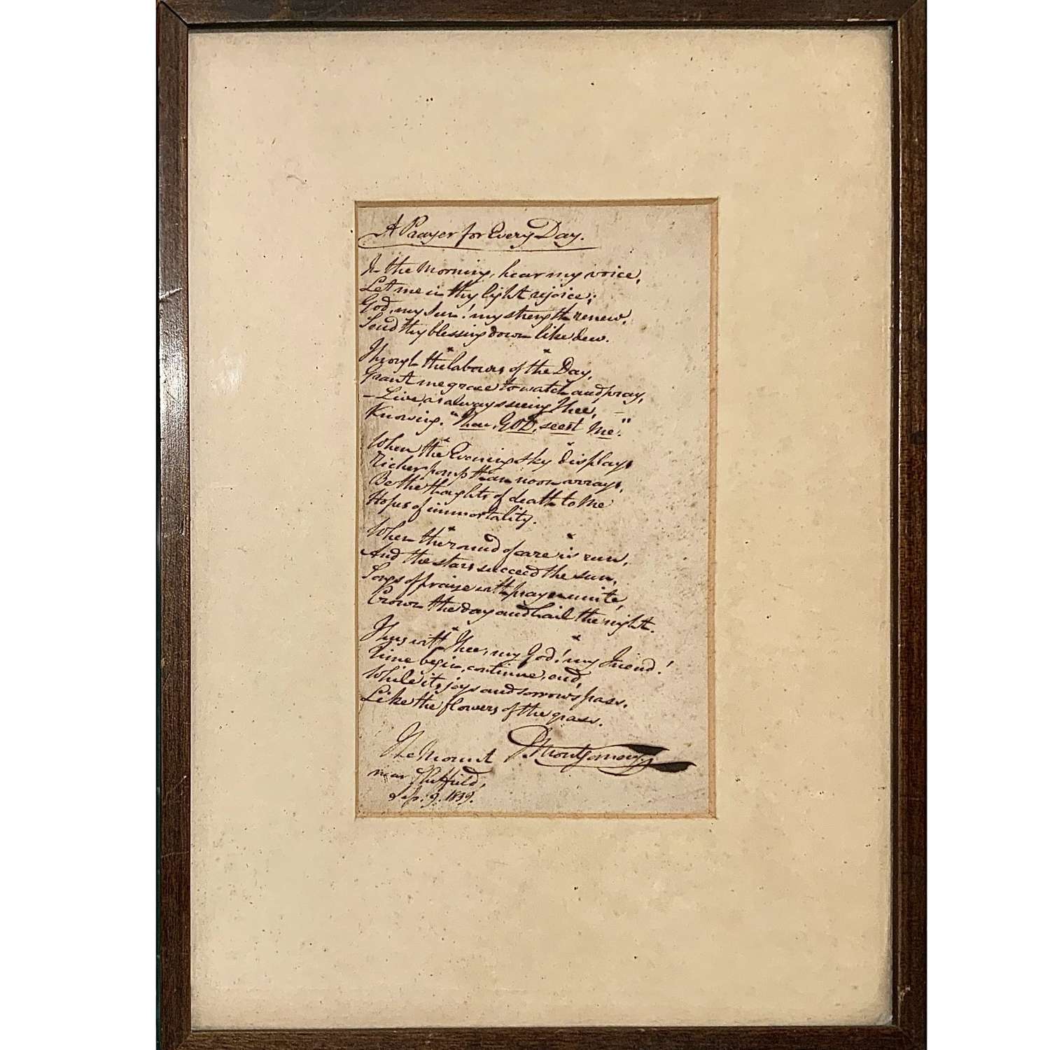 James Montgomery (1771-1854) signed manuscript “Prayer for Every Day”