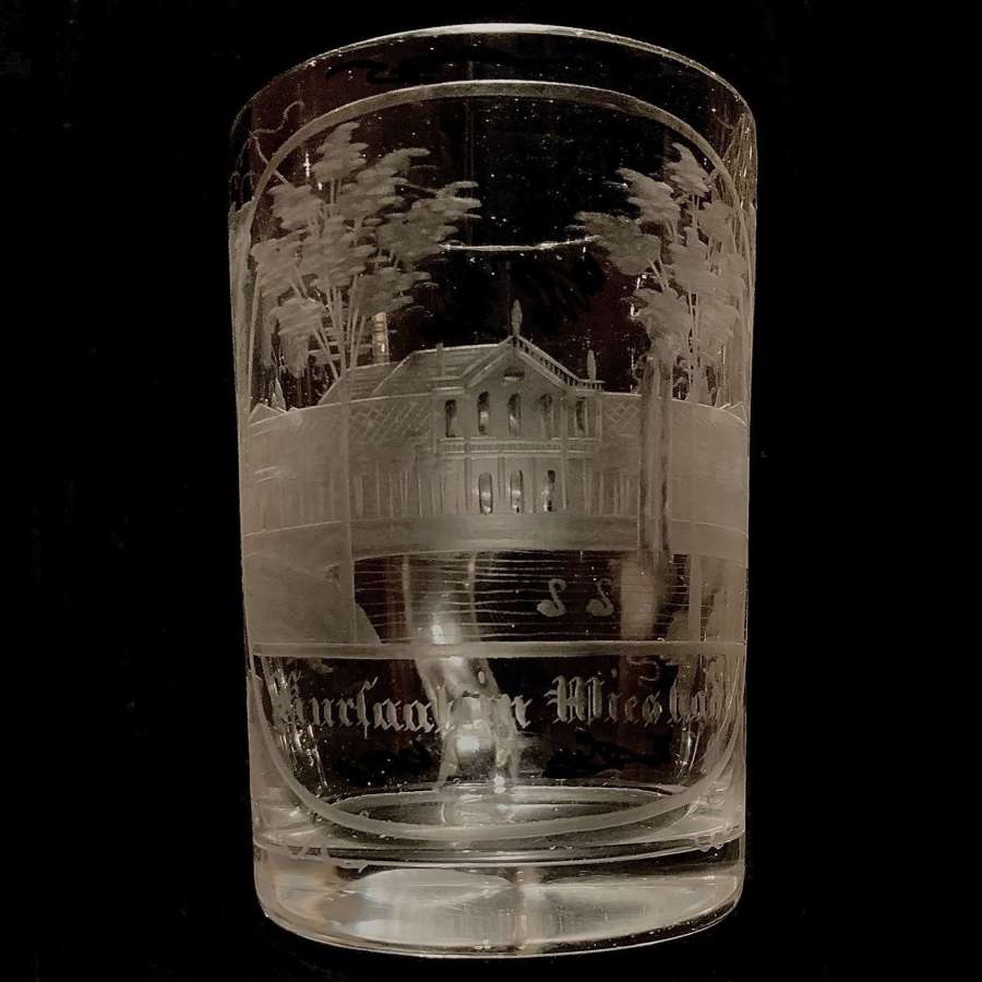 Small Biedermeier Engraved Spa Glass Tankard for Kursaal in Weisbaden