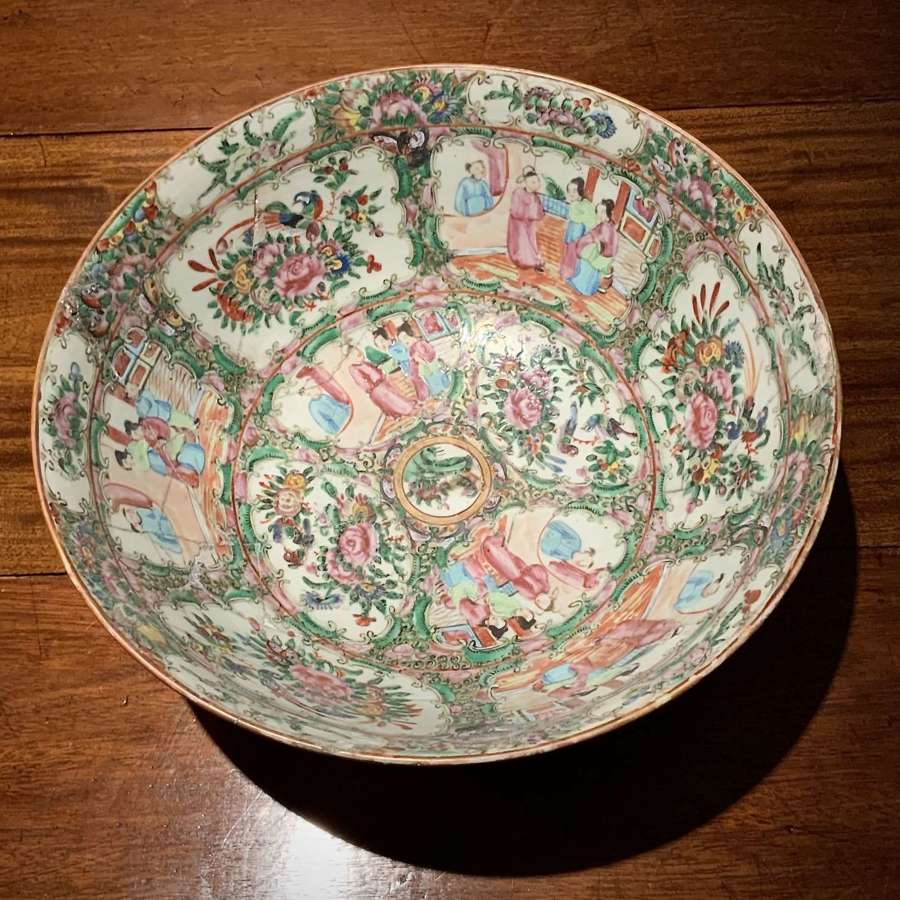 A 19th Century Old Rivet Repaired Chinese Export Porcelain Punch Bowl