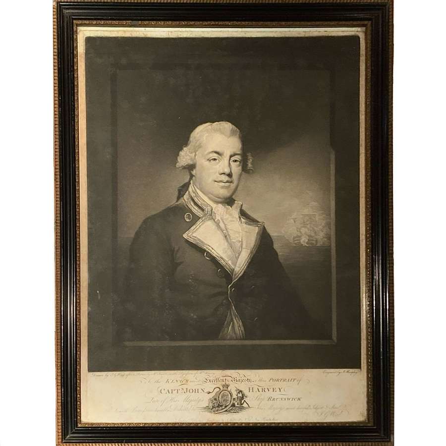 Antique 18th Century Mezzotint Portrait of Naval Hero Capt John Harvey