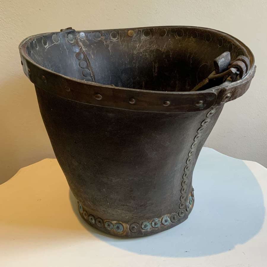 A Characterful Antique Copper Bound Leather Bucket