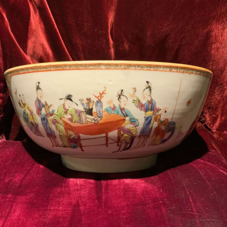 18th Century Chinese Porcelain Famille Rose Rivet Repaired Punch Bowl
