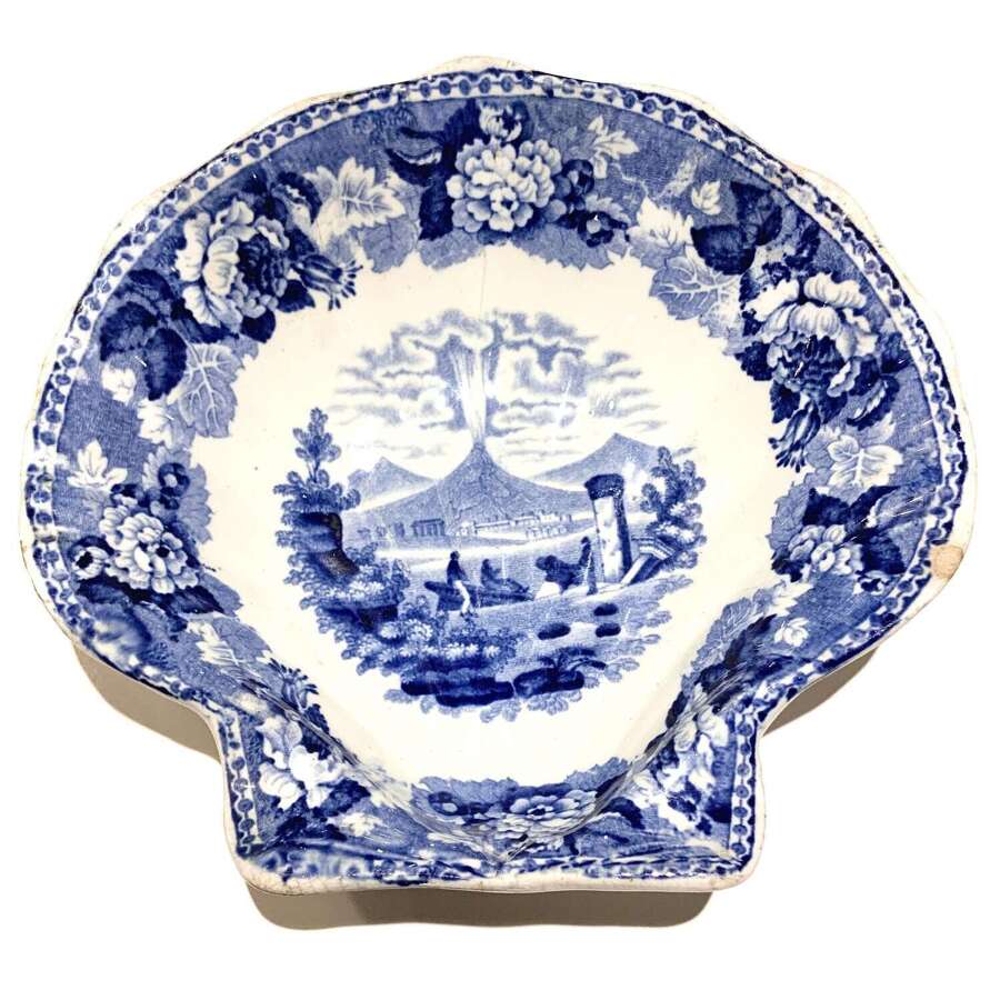 Antique Blue & White Scallop-Shaped Dish Italian Landscape Pattern Vesuvius Scene