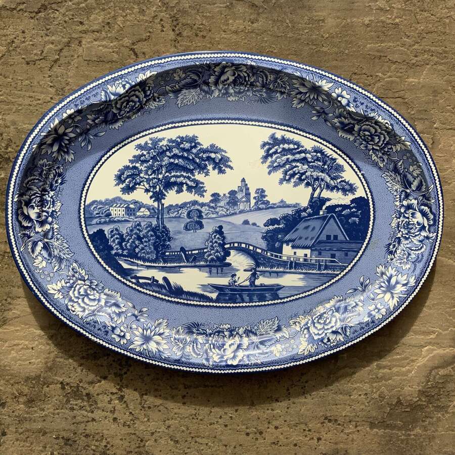 A Vintage Tin Tray Styled as a Blue & White Platter in &ldquo;Nuneham Courtenay&rdquo; Pattern, 1970s
