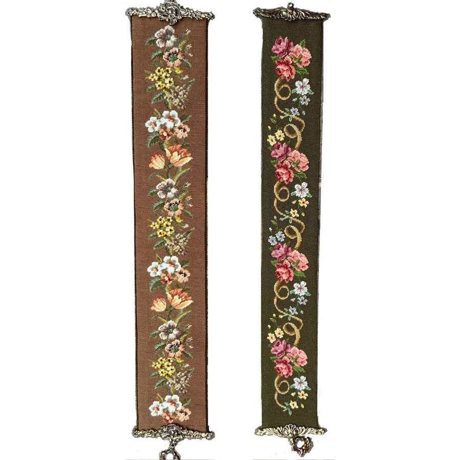Two Well-Worked Brass-Mounted Needlepoint Tapestry &lsquo;Bell Pulls&rsquo;