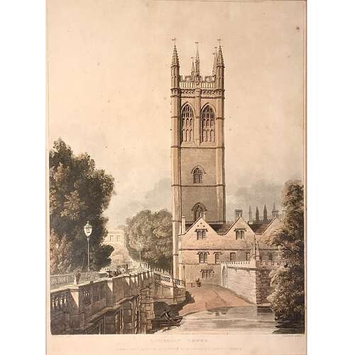 “Magdalen Tower” (Oxford) Aquatint by George Lewis after Frederick Nash