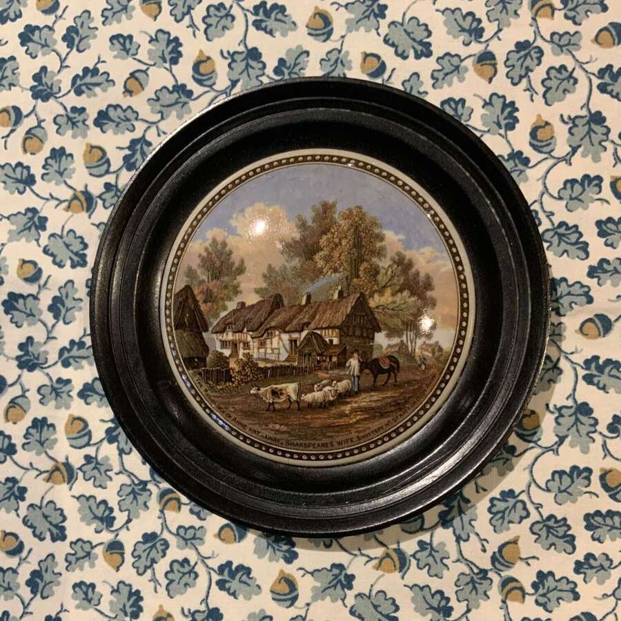 Framed Victorian Prattware Pot Lid Depicting Cottage of Shakespeare&rsquo;s Wife Anne Hathaway
