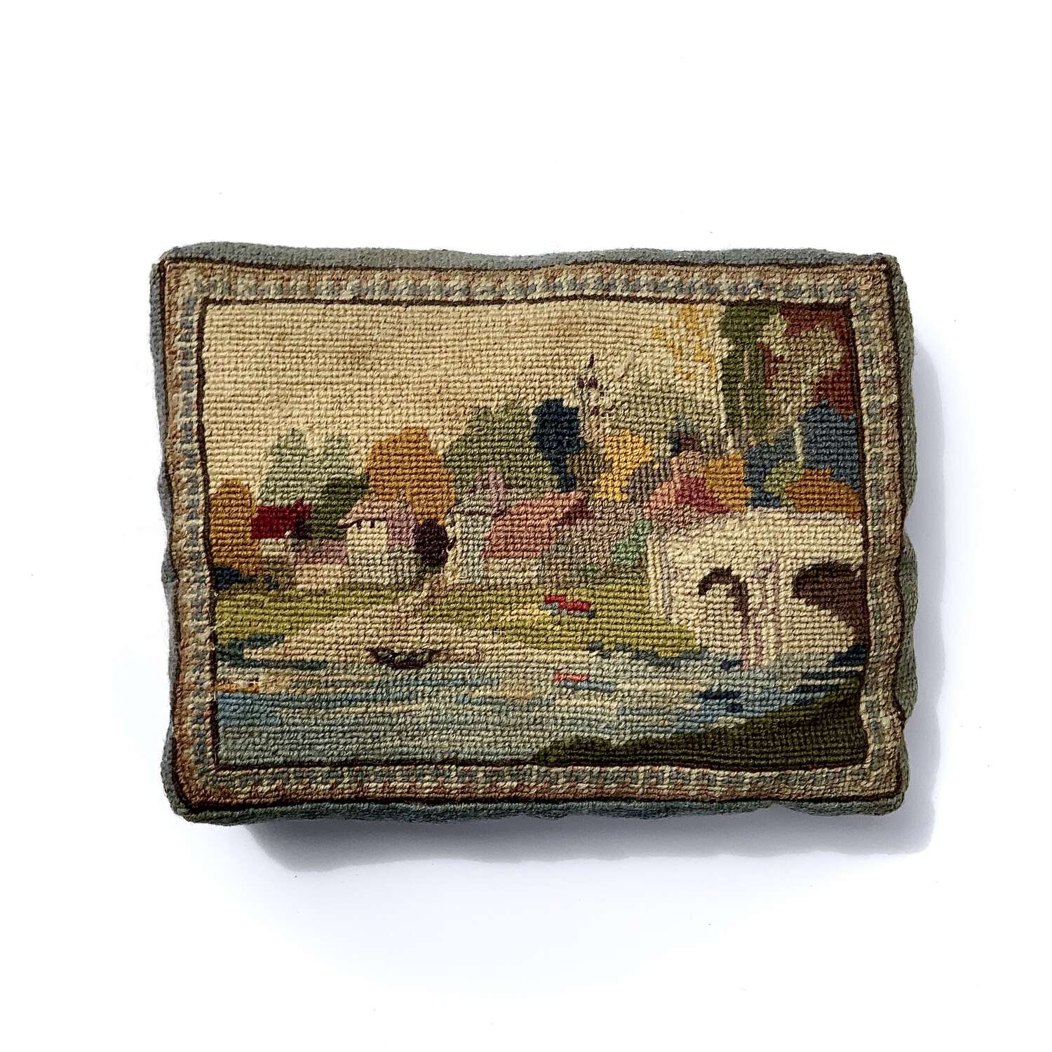Vintage Needlepoint Pin Cushion Embroidered With Petit-Point Tapestry River Scene Picture