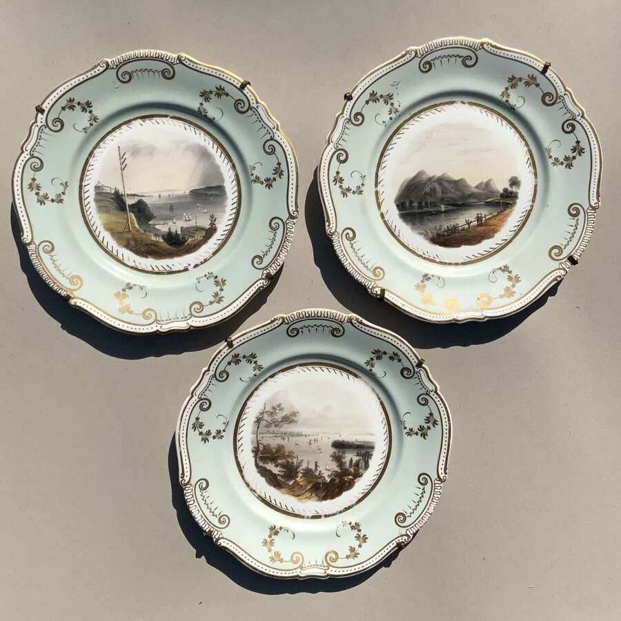 An Unusual Set of Three C19th Porcelain Dessert Plates Hand-Painted With American Views