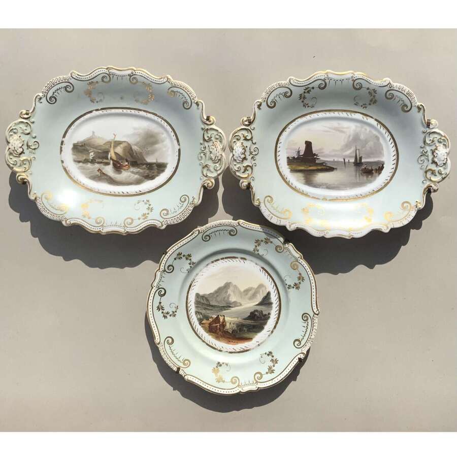 An Set of Three C19th Porcelain Dessert Service Pieces Hand-Painted With Landscapes